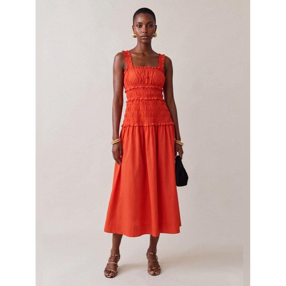 Few Moda Freya Cotton Smocked Midi Maxi Dress Bright Orange XS NWT